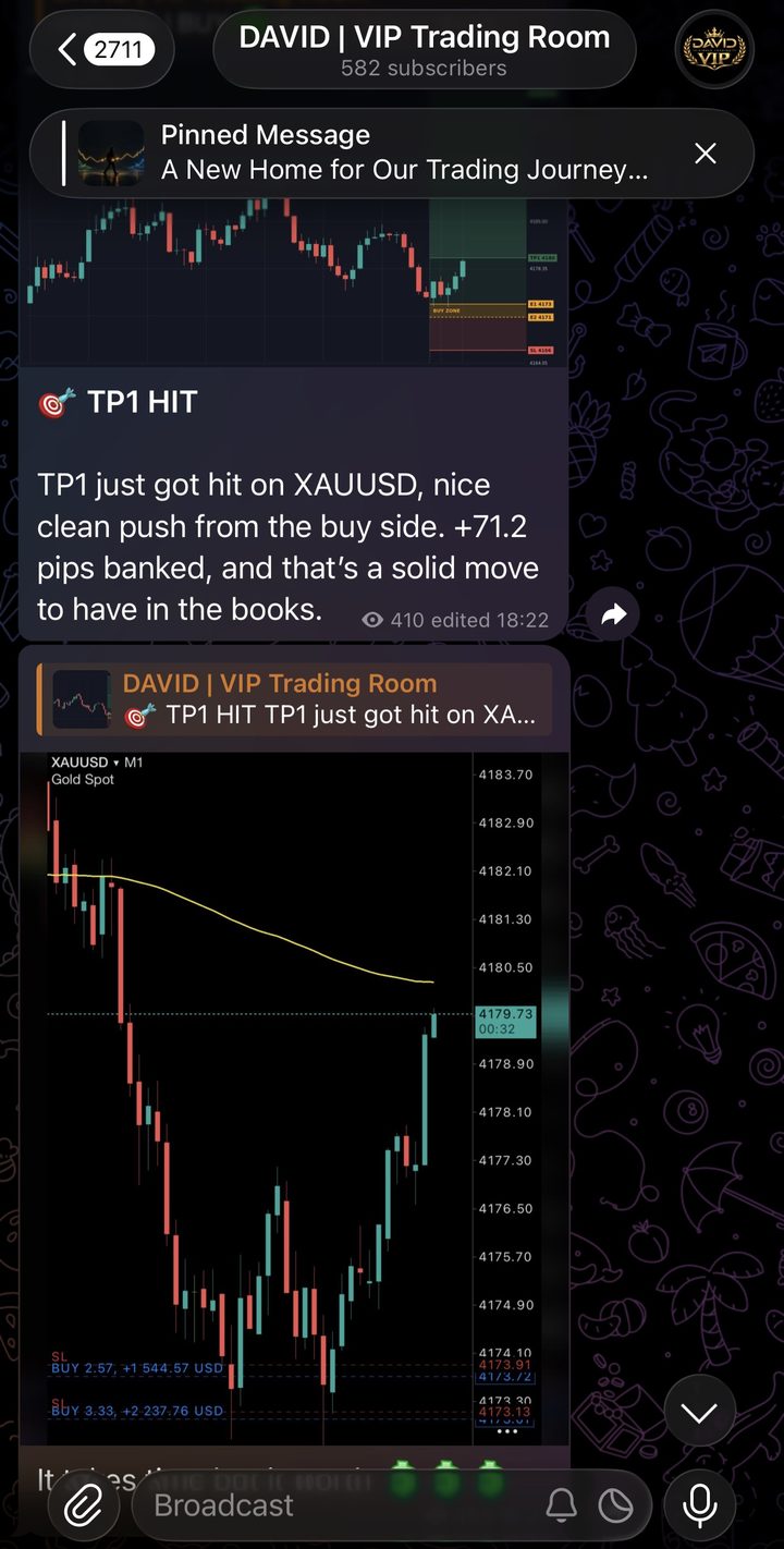 A post from the DAVID VIP Trading Room on Telegram: XAUUSD buy setup with entry zone and stop loss, followed by a TP1 hit update